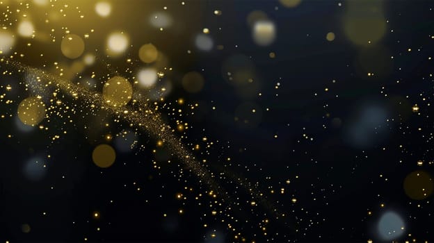 Golden particles on dark background. Festive abstract Christmas texture, golden bokeh particles and highlights on dark background. Glitter and spark festive abstract design with copy space