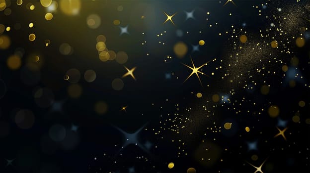Golden particles on dark background. Festive abstract Christmas texture, golden bokeh particles and highlights on dark background. Glitter and spark festive abstract design with copy space