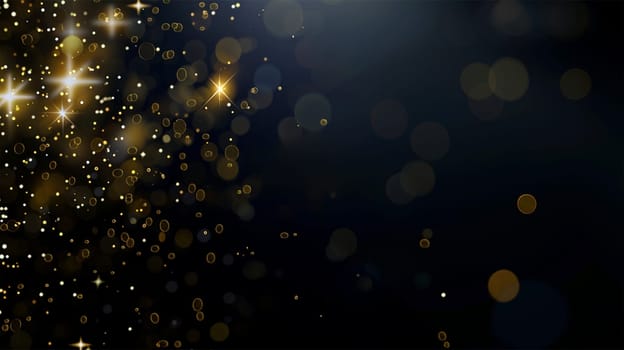 Golden particles on dark background. Festive abstract Christmas texture, golden bokeh particles and highlights on dark background. Glitter and spark festive abstract design with copy space
