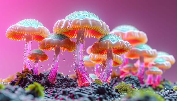 Psilocybin mushrooms,Commonly known as magic mushrooms, a group of fungi that contain psilocybin which turns into psilocin upon ingestion and cause the psychedelic effects. Neon glow pink and blue lights magical