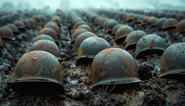 Helmets in a row on battlefield. Military warzone. Army rangers in combat helmets. military graveyard. Soldiers who died in the war