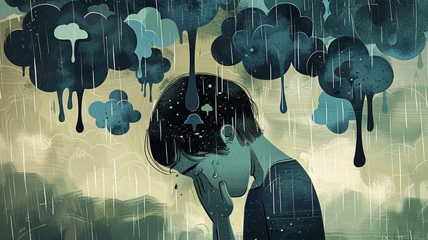Young person who suffers from mental health diseases. Rain clouds, symptoms of depression disorder: anxiety, crisis, tears, exhaustion, loss, overworked, tired. Unhappy