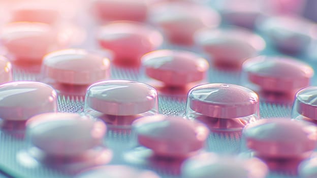 Pill strip,medication. Colorful film coated round tablet NSAIDS pills in transparent blisters silver strip packs isolated on white background with copy space. Drug use in anti-inflammatory and pain. Selective close up focus