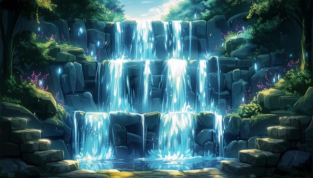 Animation beautiful waterfall front view in magical tropical jungle. Nature river waterfall forest. cartoon. Anime background landscape beauty