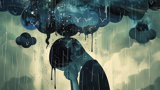 Young person who suffers from mental health diseases. Rain clouds, symptoms of depression disorder: anxiety, crisis, tears, exhaustion, loss, overworked, tired. Unhappy
