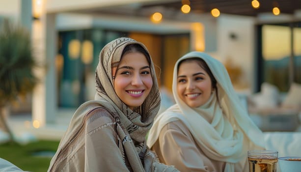 Arabic women with abaya bonding and having fun outdoors - Happy middle eastern friends meeting and talking while shopping,dining