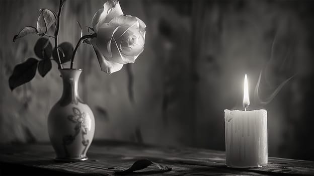 Burning candle with vintage vase and white rose. Burning candles on dark surface. Melted wax candle burning at night. Memory day. Black and white