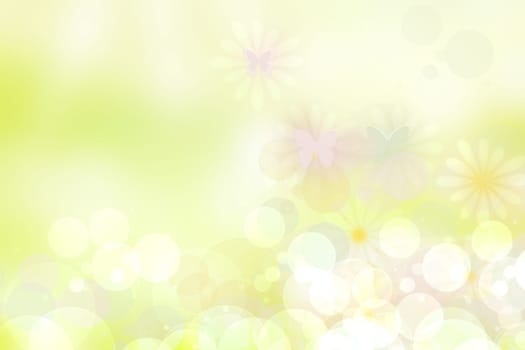 Hello spring background. Abstract delicate bright spring or summer landscape texture with natural green yellow white bokeh lights, sunshine and butterflies. Beautiful backdrop with space.