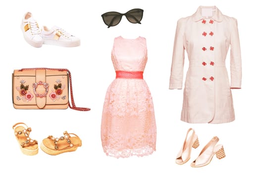 Collage set of woman spring summer clothes isolated. Female girls clothing collection. Women trench coat, evening dress, shoes, sneaker, accessories wear.