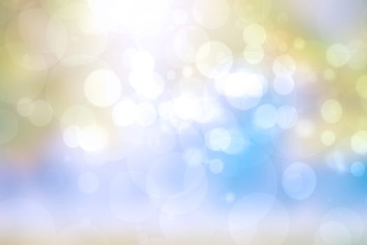 Abstract blurred fresh vivid spring summer light delicate blue yellow white bokeh background texture with bright circular soft color lights. Beautiful backdrop illustration. Space.