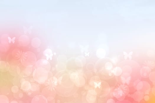 Abstract blurred vivid summer light delicate bright pink yellow bokeh background texture with bright soft color flowers and butterflies. Hello spring card concept. Beautiful backdrop illustration.
