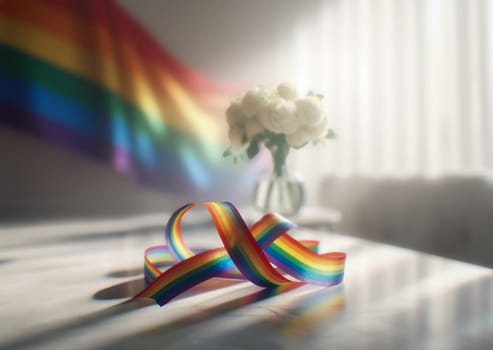 A colorful rainbow ribbon on a table with a pride flag and white flowers in a sunlit room, symbolizing LGBTQ+ pride and inclusivity.