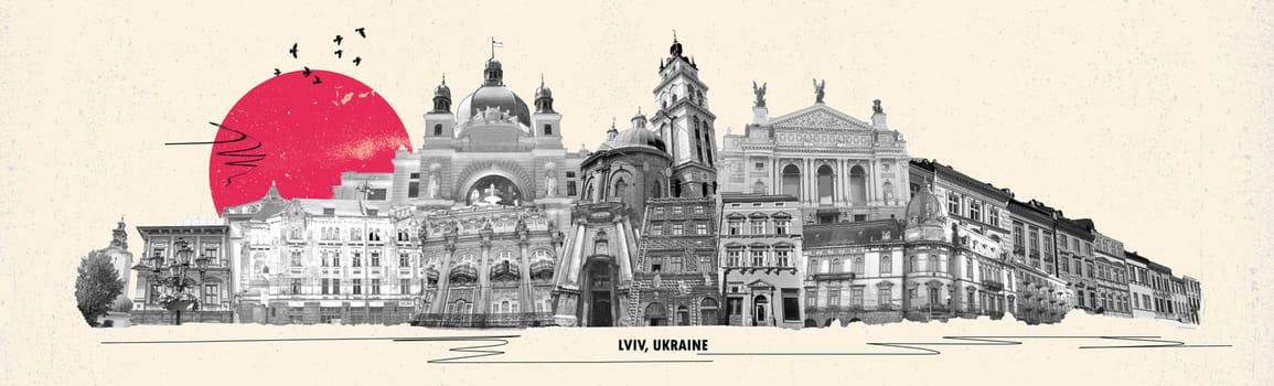 Ukraine, Lviv - city collage or art design with famous travel sights, skyline, buildings.
