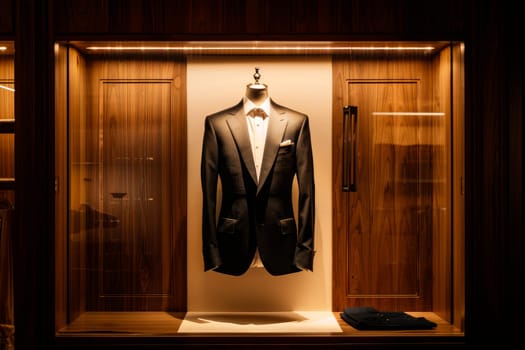Men elegant clothing showcase. Clothing modern shop-window. AI generated