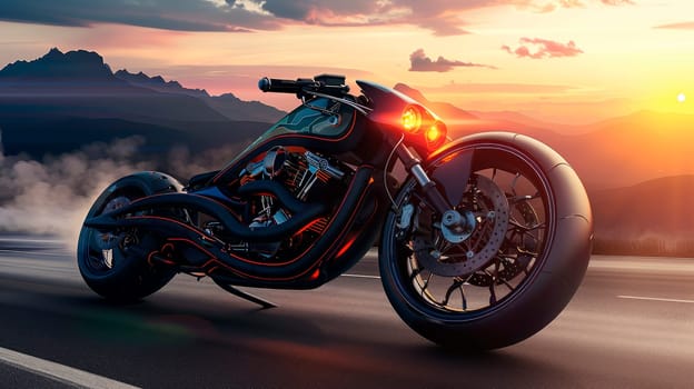 Futuristic custom motorcycle concept on the mountains road at the sunset. AI generated