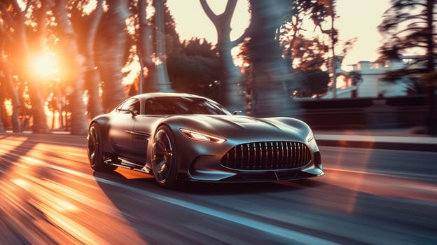 Sleek electric vehicle on the road, future transport concept. High speed motion blur. AI generated