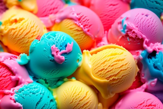 Full frame of ice cream in balls of bright colors, yellow, pink and turquoise.
