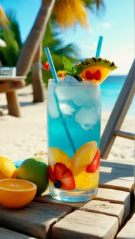 glass of refreshing drink with slices of fruit and decoration on a wooden beach table close-up, next to a sun lounger on a sandy beach, beautiful tropical beach in the background, sea, warm sunny day on a trip.