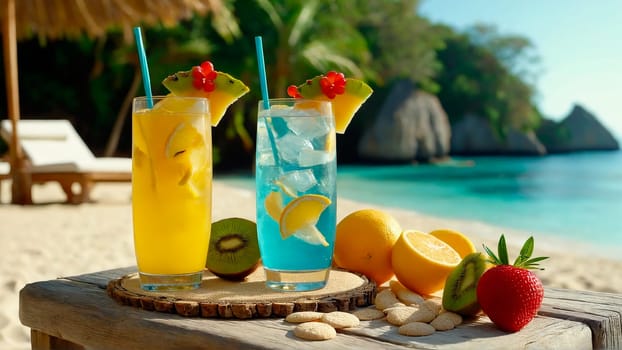 glass of refreshing drink with slices of fruit and decoration on a wooden beach table close-up, next to a sun lounger on a sandy beach, beautiful tropical beach in the background, sea, warm sunny day on a trip.
