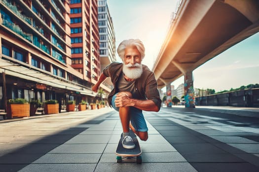 Stylish mature man with beard skateboarder skateboarding down the city street.