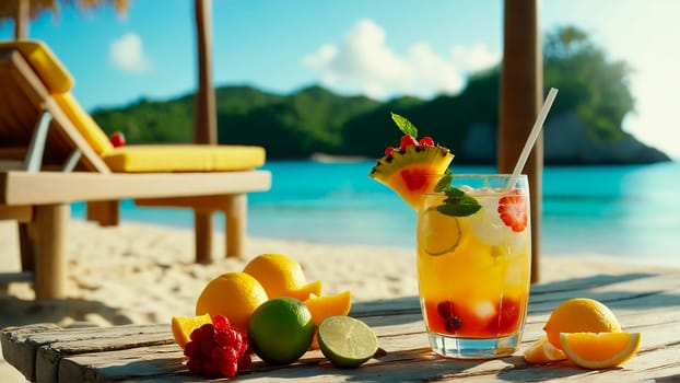 glass of refreshing drink with slices of fruit and decoration on a wooden beach table close-up, next to a sun lounger on a sandy beach, beautiful tropical beach in the background, sea, warm sunny day on a trip.