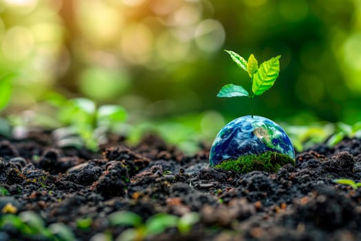 Plant growing on Earth globe. World Earth Day and Saving environment Concept. AI generated