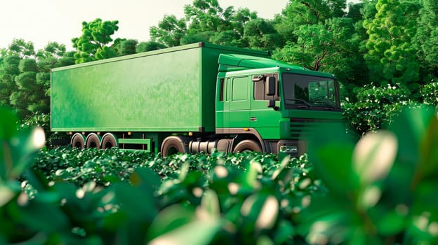 Eco friendly transportation concept. Green cargo truck with greenery arround it. AI generated