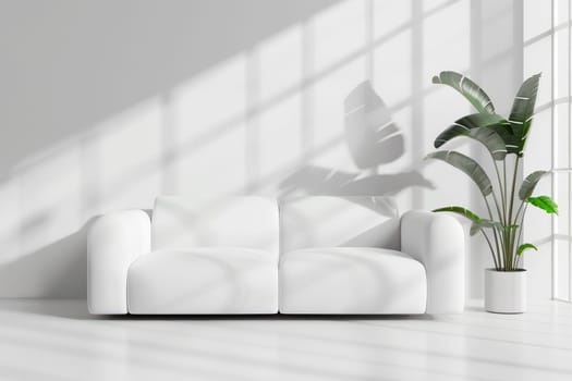 Interior of a white minimalist room with a sofa near  window and a green palm tree. AI generated