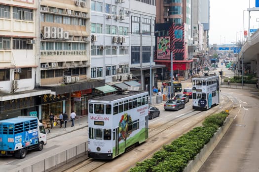 Hong Kong 24 April 2024: Hong Kong tramway in Sheung wan district