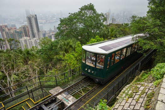 Hong Kong 09 April 2024: The peak tram in Victoria Peak at Hong Kong city