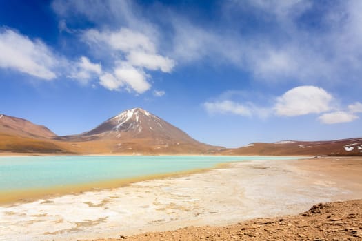Laguna Verde landscape,Bolivia.Beautiful bolivian panorama.Green lagoon and Licancabur volcano