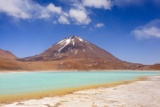 Laguna Verde landscape,Bolivia.Beautiful bolivian panorama.Green lagoon and Licancabur volcano