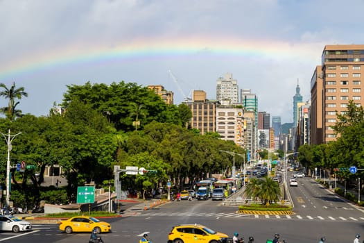 Taipei, Taiwan 25 July 2023: Taipei city street with rainbow