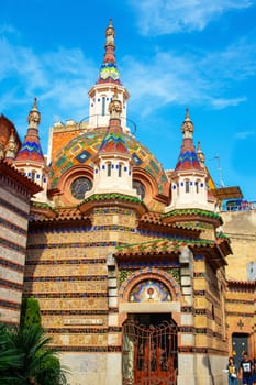 Lloret de Mar, Catalonia, Spain, Oct 01, 2019. Parish Church of Sant Roma in Lloret de Mar near the beach on the Costa Brava. Beautiful mosaic building on a sunny day.