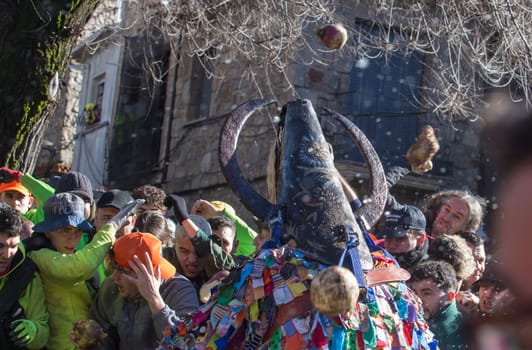 Caceres, Spain - Jan 20th, 2024: Jarramplas Festival of Piornal, Caceres, Spain. Traditional turnip-throwing festival