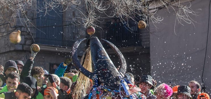 Caceres, Spain - Jan 20th, 2024: Jarramplas Festival of Piornal, Caceres, Spain. Traditional turnip-throwing festival