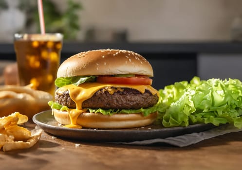 Close-up of a juicy cheeseburger with melted cheese, fresh lettuce, and tomato, served on a sesame bun with a side of fries and a drink.