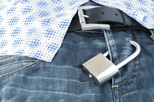 Locked with a button lock on men's jeans for restraint