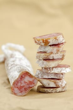 Traditional Spanish smoked salami.Selective focus with shallow depth of field.