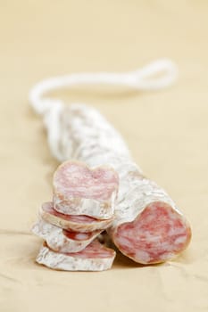 Traditional Spanish smoked salami.Selective focus with shallow depth of field.
