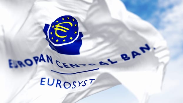 Frankfurt, DE, May 28 2024: Close-up of the European Central Bank flag waving in the wind. Illustrative editorial 3d illustration render. Selective focus