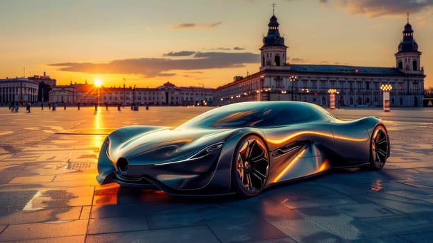 Sleek electric vehicle on square of old town , futuristic transport concept. AI generated