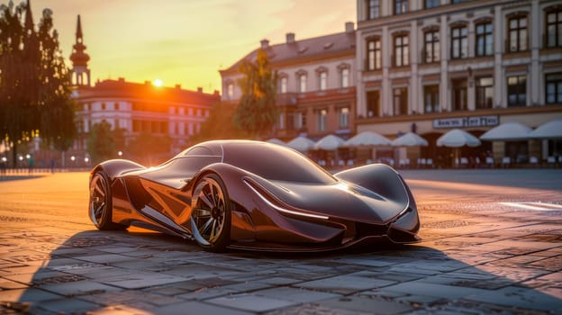 Sleek autonomous vehicle on square of old town , futuristic transport concept. AI generated