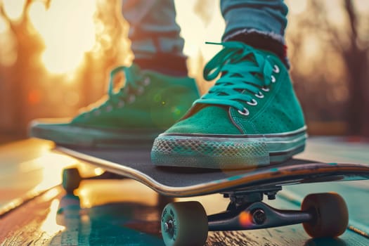 Close up view of a teenager legs in a green shoes standing on a skateboard. AI generated