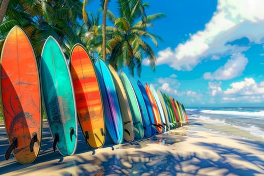 Different surf boards in a row for rent by ocean on sandy beach. Surf boards for beginner and advanced. AI generated