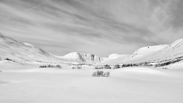 Norwegian high mountains in the snow. Mountains covered in snow. Taken in black and white. Scandinavian landscape in the far north
