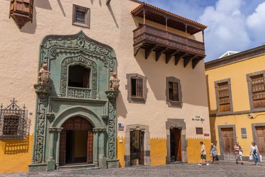 Gran Canaria, Spain: March 21, 2024: People walking outside the Library Colombina, Casa de Colon (Columbus house) Las Palmas, Gran Canaria, Spain
