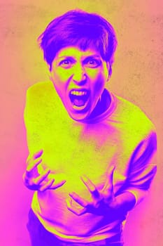 Fury. Frustrated and angry woman screaming. Modern art collage, design. Human frustration concept.