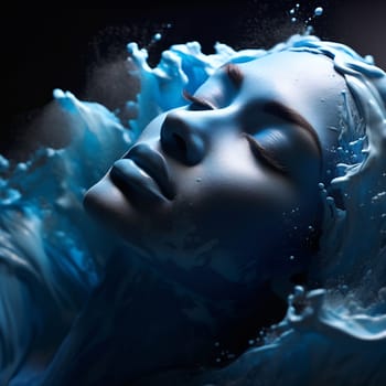 An intimate close-up of a tranquil face immersed in swirling patterns of glossy blue fluid.