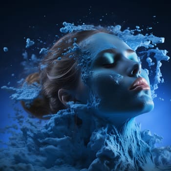 Close-up of a serene woman's face with blue color, her features blending seamlessly with abstract blue waves